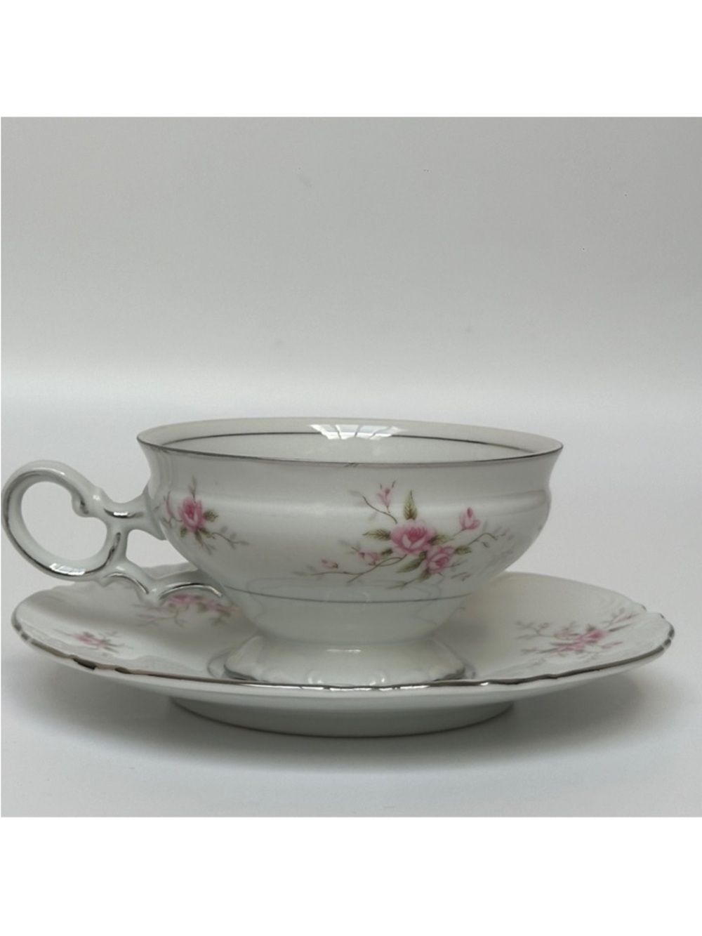 Vintage Mikasa Versailles 9344 Footed Cup & Saucer Set Platinum Rim Floral